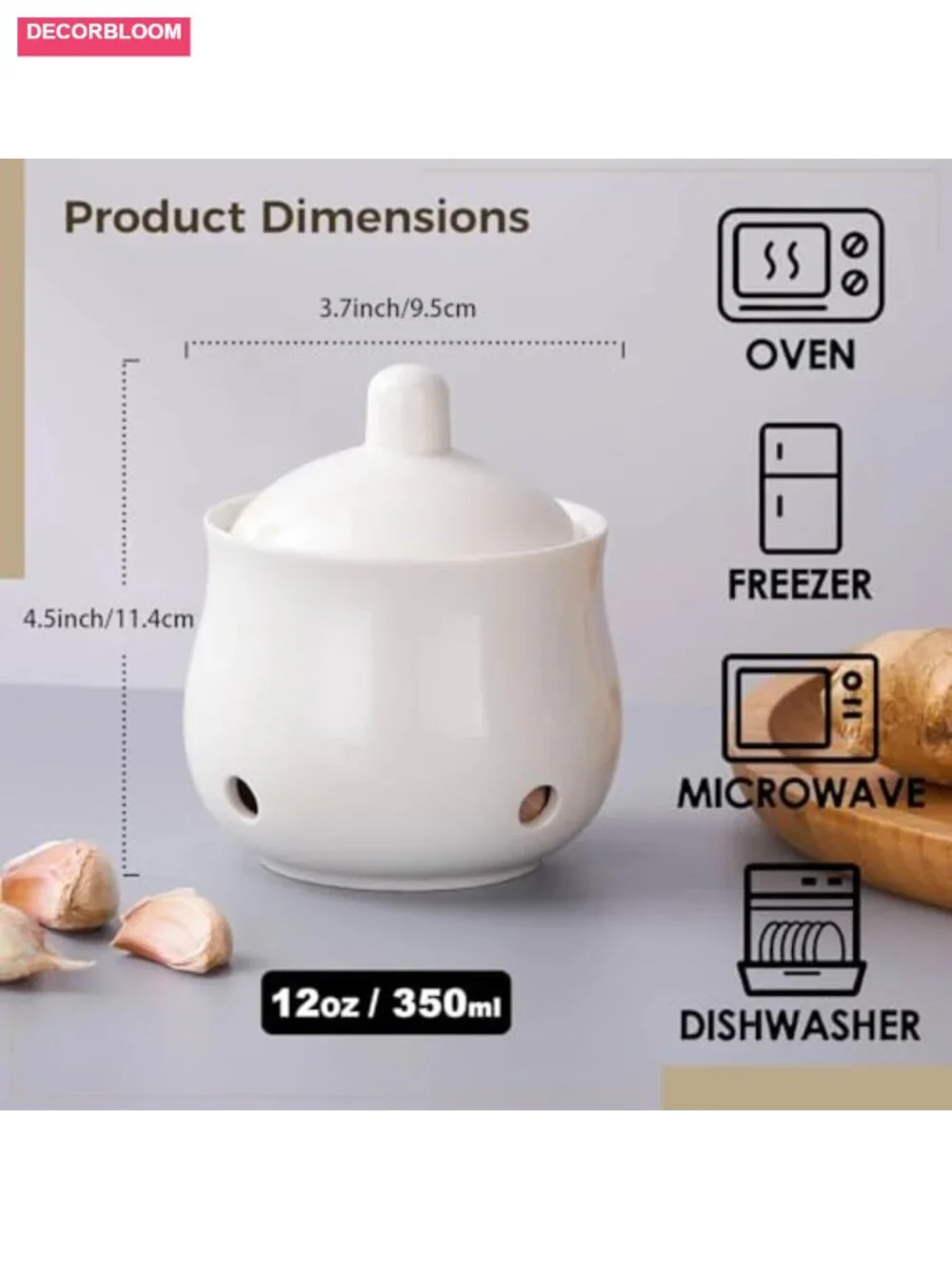 12 oz Ceramic Garlic Keeper with Ventilation Holes, White Kitchen Jar